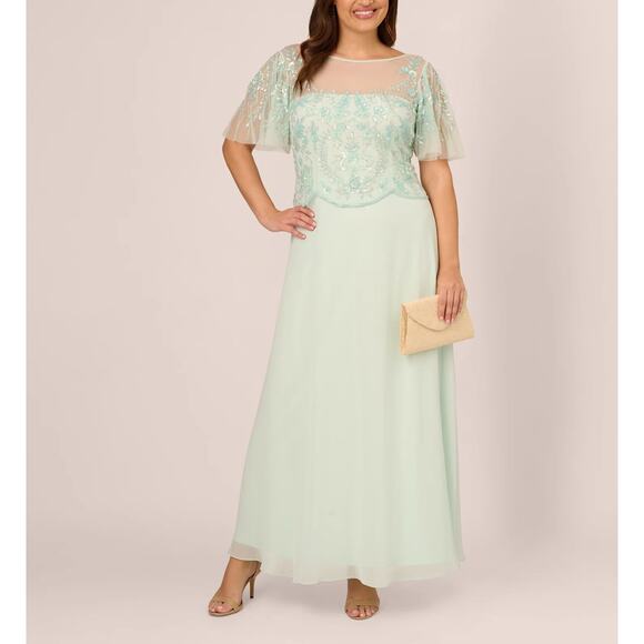 Adrianna Papell Beaded Chiffon Evening Gown Green Size 8 Short Sleeve A-Line - Picture 11 of 13